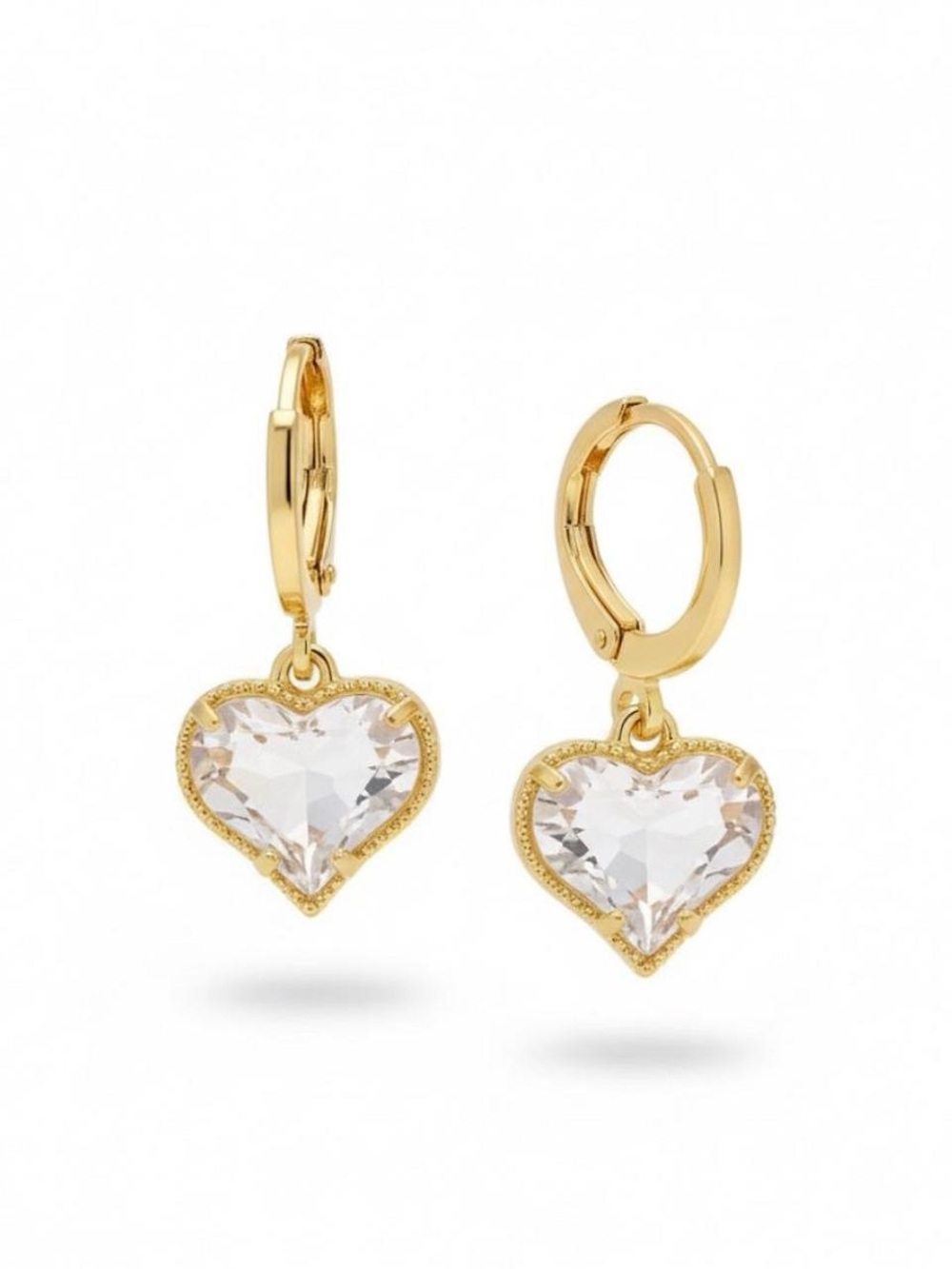 Gold Heart Crystal Drop Huggie Earrings - Clear Crystal